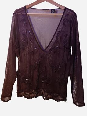 New York & Company - Beaded Long Sleeve Mesh V-neck Top - Deep Purple - XL